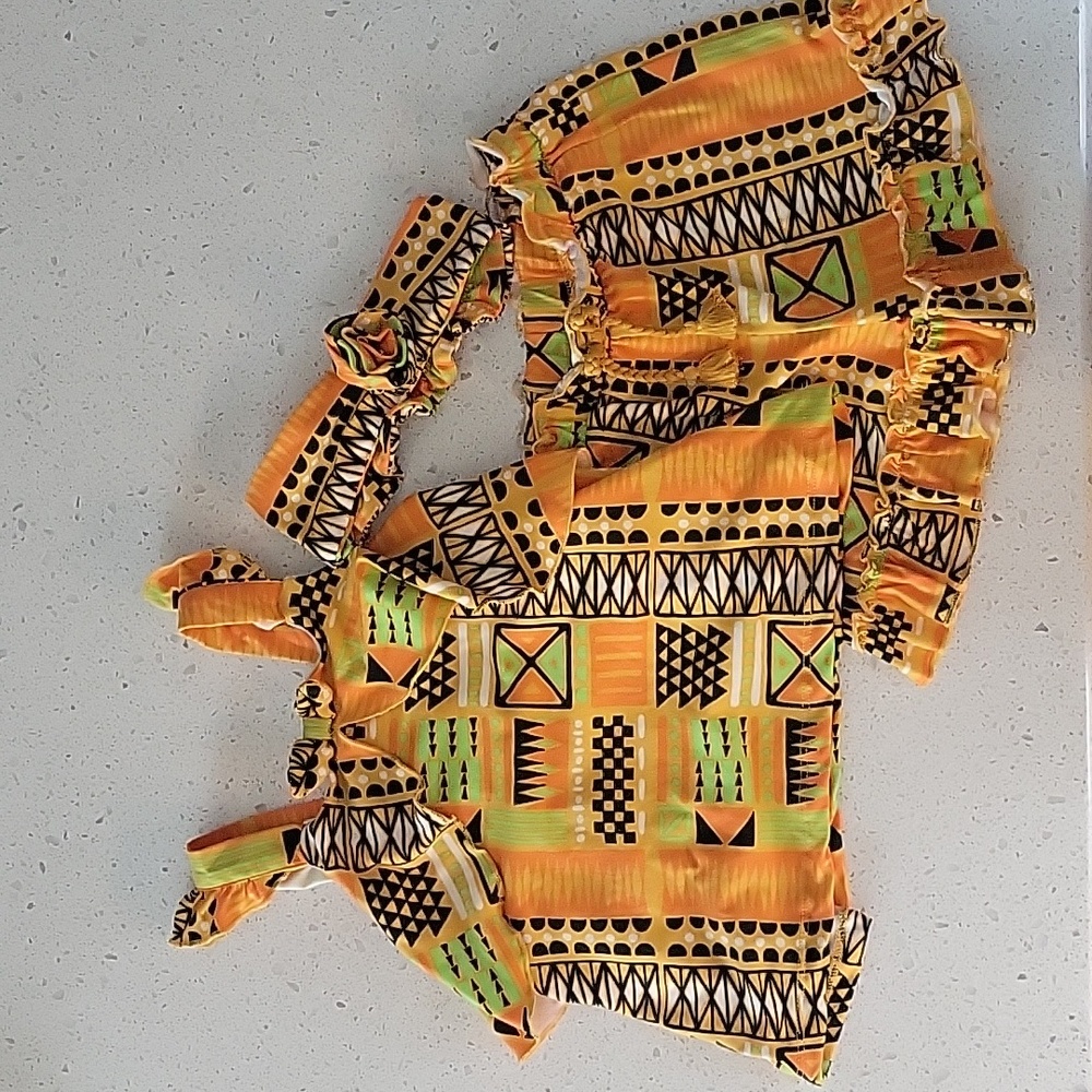 Little Lass African/Dashiki 2 Piece Set Orange, Green, & Black W/ Headband 4T